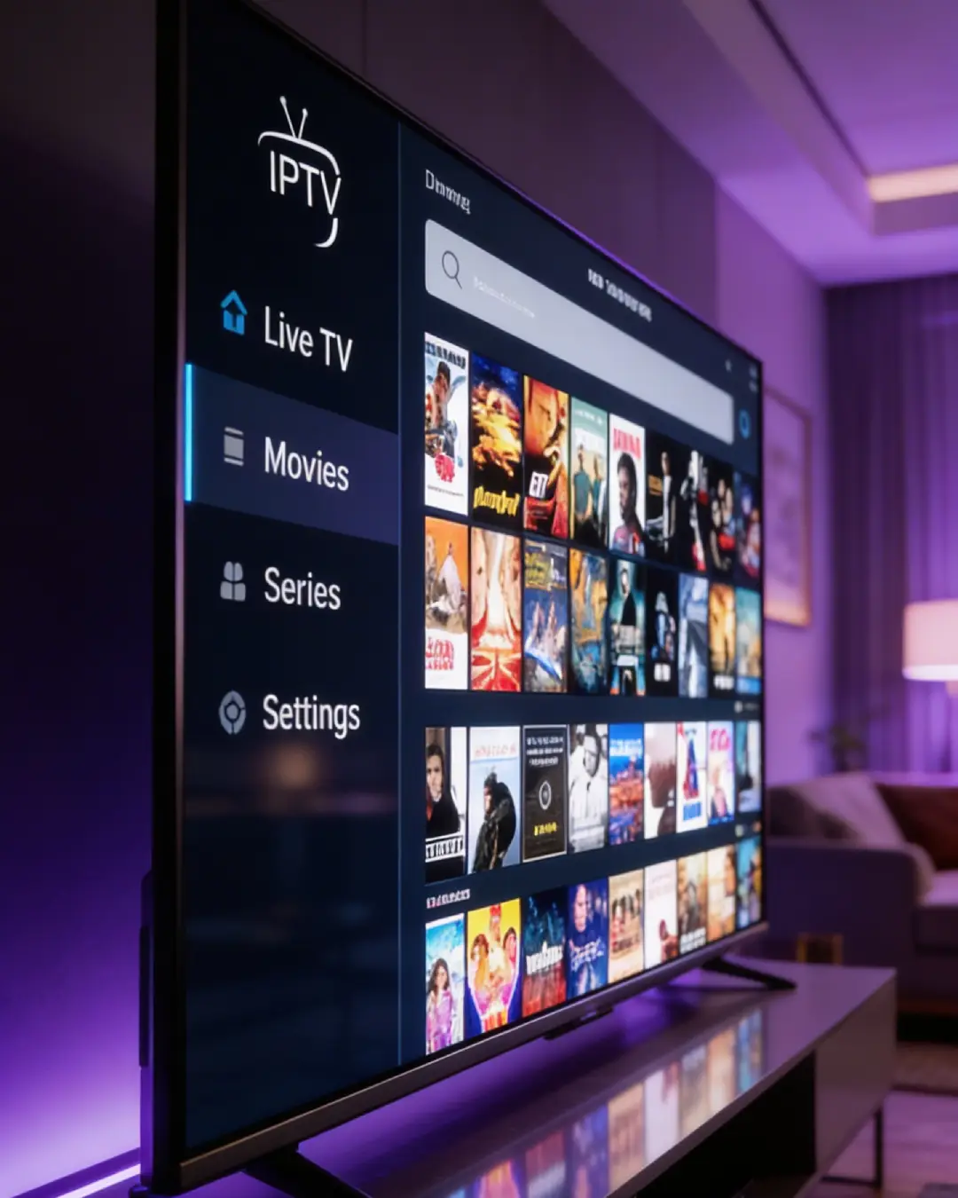 Interface de l'application IPTV Smarters Pro sur Smart TV — Live TV, films et séries organisés — Smarter8K